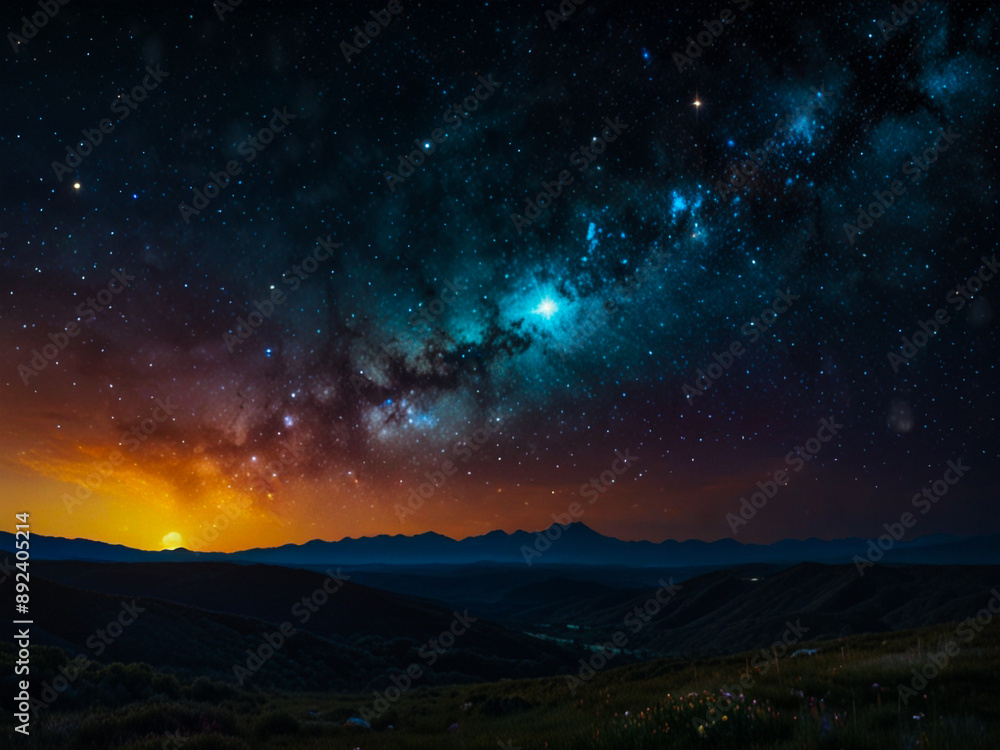 Wall mural the sunset and cluster of stars each with its own nebula in a fascinating mix of colors and shapes a