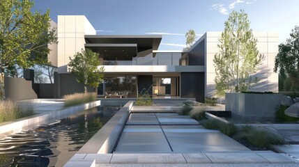 Fototapeta premium Contemporary suburban home front view, featuring sharp angles, a neutral color scheme, and a minimalist water feature