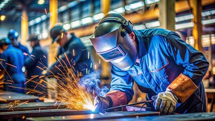 Focused welder in a busy fabrication shop, using advanced techniques to weld metal works efficiently, close-up