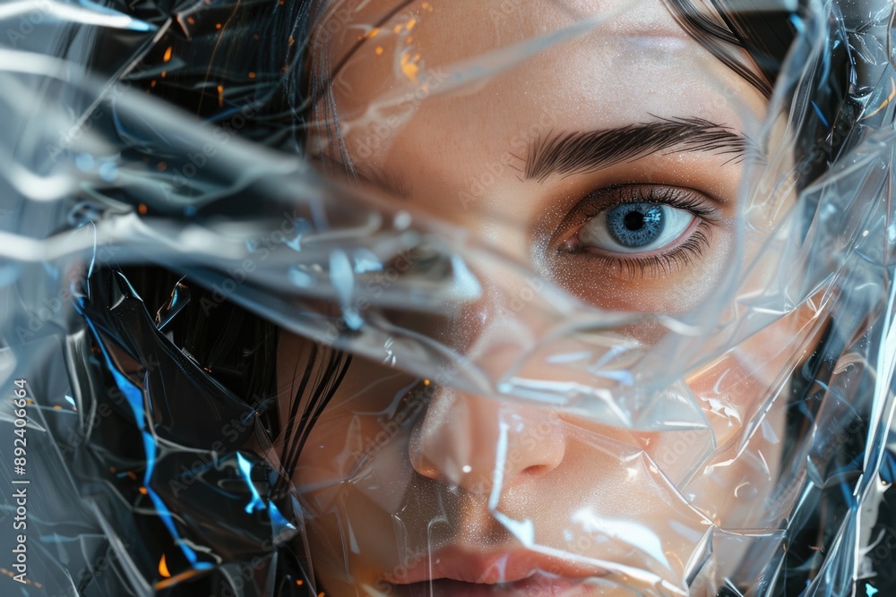 Poster a close-up shot of a woman's face partially hidden by plastic wrap, perfect for representing isolati