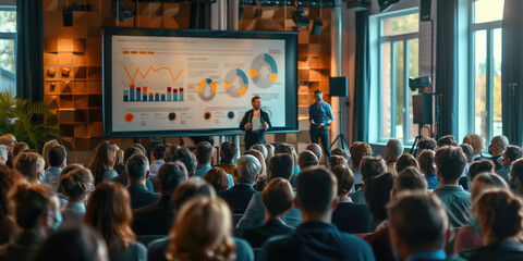 Confident businessman presenting business strategy using projector and screen during conference meeting