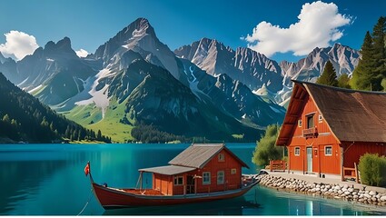 Tranquil Lake Escape || Red houseboat || AI Generated