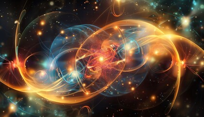 Obraz premium Abstract representation of quantum physics with overlapping geometric shapes and vibrant colors, quantum, physics