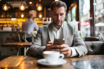 Businessman using cell phone in cafe
