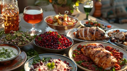 Fototapeta premium Abundant Thanksgiving Feast with Middle Eastern Flavors