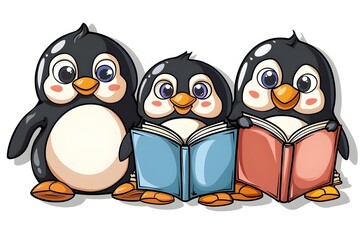 Fototapeta premium Adorable Penguin Characters Reading Books on White Background for Sticker Design