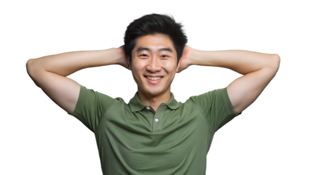 Smiling Man With Hands Behind His Head in Green Polo Shirt - Powered by Adobe