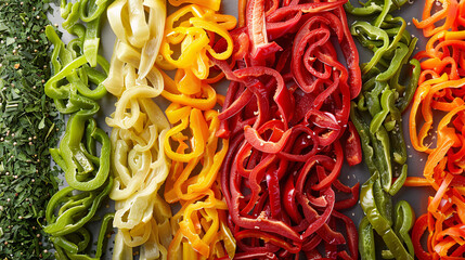 Colorful variety of fresh peppers being dehydrated