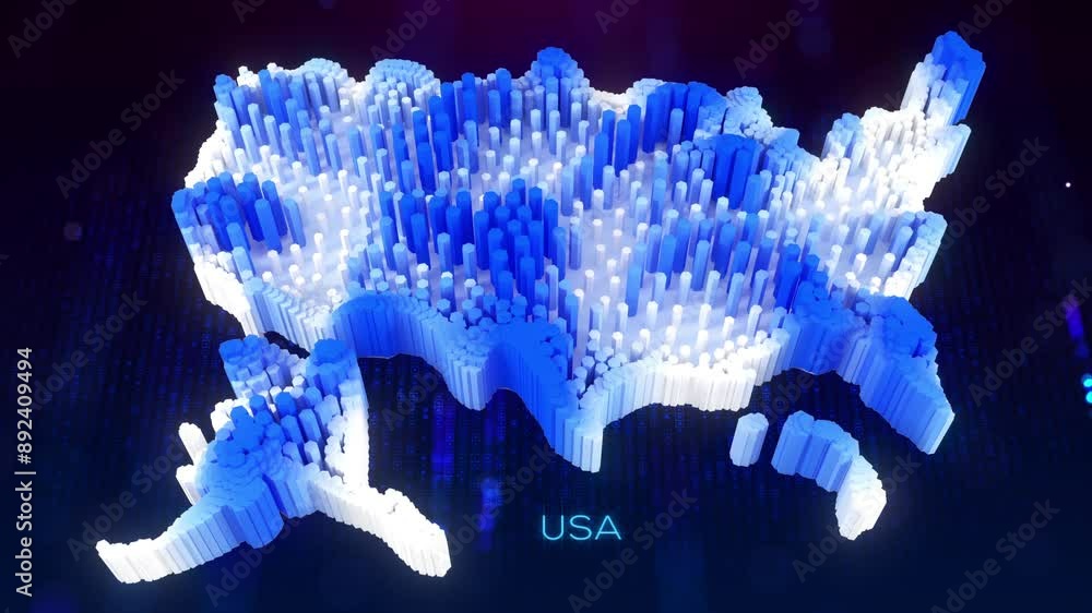 Poster 3d perspective motion view of blue and white dynamic hexagonal prism rippling usa map and text with 