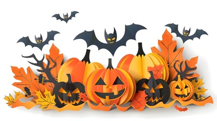 Fototapeta premium Halloween Decor Crafts with Paper Pumpkins Bats and Autumn Leaves on White Background