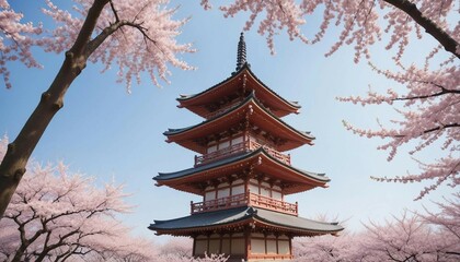 Traditional Japanese pagoda surrounded by cherry blossoms in full bloom, with soft, diffused morning light and a clear blue sky
