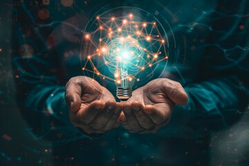 Businessman holding a light bulb with a brain hologram and digital network on a dark background, depicting a technology concept for an artificial intelligence business idea or innovation in modern mar