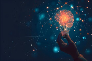 Businessman holding a light bulb with a brain hologram and digital network on a dark background, depicting a technology concept for an artificial intelligence business idea or innovation in modern mar