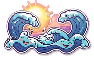 Fototapeta premium Joyful Waves with Happy Faces Crashing on the Shore for Sticker Design