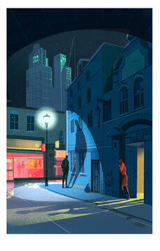 Moody London street by night with man and woman and a sense of menace 