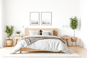 Minimalist Bedroom Interior with Wooden Bed and Plants