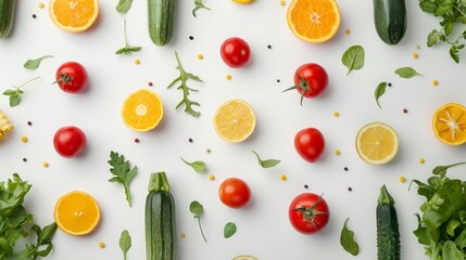 Fresh vegetables and fruits arranged neatly on a white background. Tomatoes, cucumbers, and various greens placed in a pattern. Brightly colored produce for health and wellness. AI
