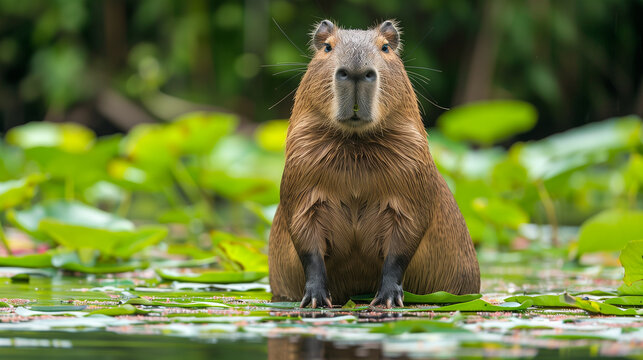 Serene portrait of a capybara sitting peacefully in a park on a sunny day in its natural habitat