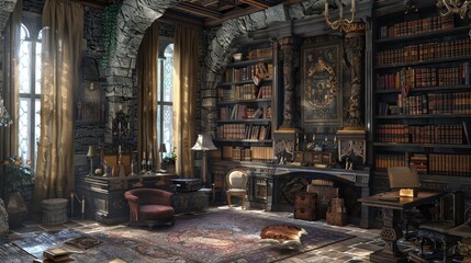 Fototapeta premium A medieval fantasy study room with stone walls, tapestry curtains, and antique furniture.