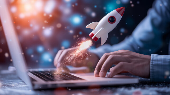 Hands are typing on a laptop with a rocket launching from the keyboard and leaving a trail of sparks - Powered by Adobe