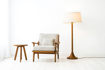 Minimalist Living Room Decor with Wooden Chair, Floor Lamp, and Side Table