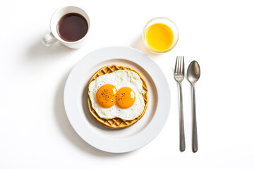 Two Eggs Over Easy on a Waffle with Coffee and Orange Juice