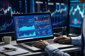 Businessman analyzing financial data and stock market graphs on laptop screen