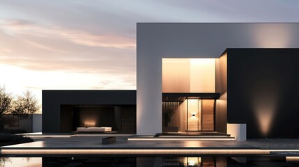 Front view of a modern luxury home with a minimalist design, featuring a black and white color scheme and subtle exterior lighting Space for text