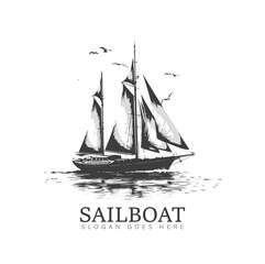 Black and white sketch of sailboat with text Sailboat and a tagline ,sailboat logo ,generative ai