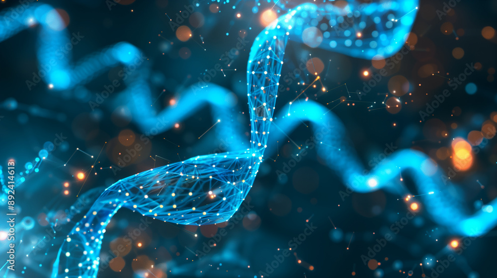 Poster a colorful image of dna strands with a blue background. the strands are pink and purple and appear t
