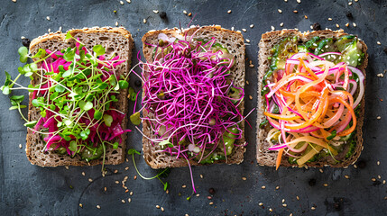 Colorful variety of fresh sprouts on an open-faced sandwich