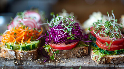 Colorful variety of fresh sprouts on an open-faced sandwich