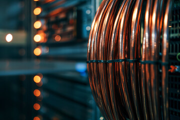 Bundle of copper electric wires against the background of server equipment in an industrial style.