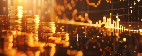 Obraz premium Piles of gold coins with a stock market graph in the background, symbolizing financial growth. Free copy space for text.