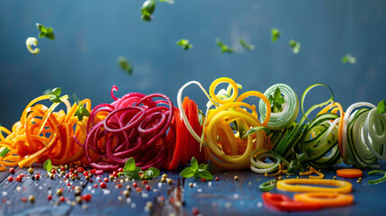 Colorful variety of fresh vegetables being spiralized