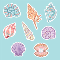 Colorful pastel blue, coral, pink and purple seashell illustration set. Isolated vector designs suitable for stickers and T-shirts.