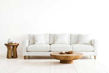 White Sofa and Wooden Coffee Table in Minimalist Living Room