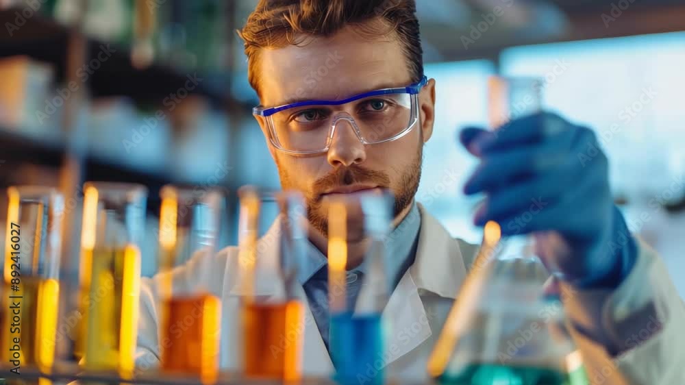 Poster 3d render of a scientist in a laboratory holding a test tube with colorful liquids