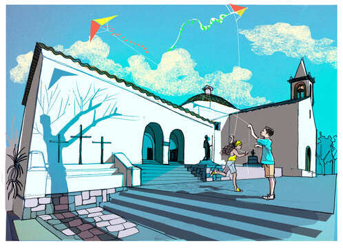 Children flying kites in church square in Ibiza 