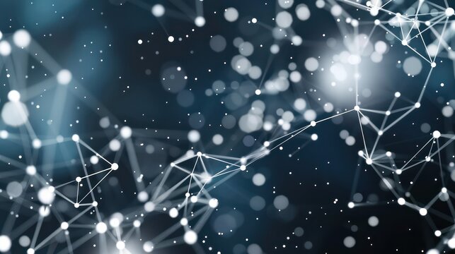 abstract constellation of white and blue dots, connected by delicate silver threads, with a dedicated area for text