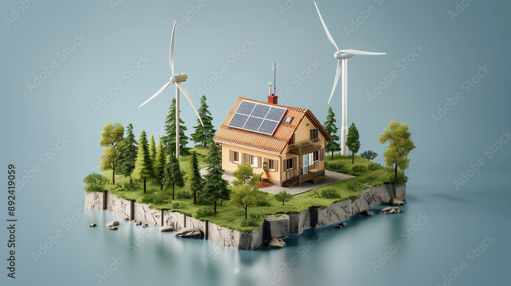 Poster a house is built on a small island with a windmill and trees in the background
