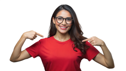Smiling Woman In Red T-Shirt Points To Herself On Transparent Background