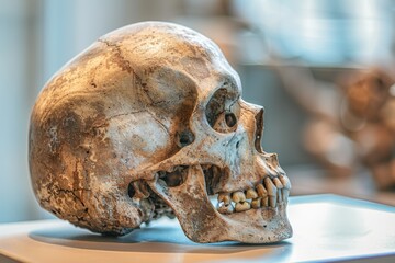 A close-up shot of a human skull sitting on a table, great for Halloween or horror-themed projects