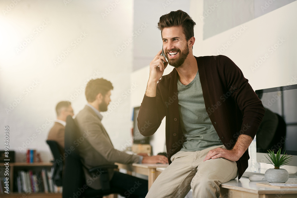 Poster small business, businessman and phone call in office for design, creativity and networking on desk. 