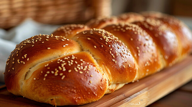 Freshly baked challah bread with sesame seeds