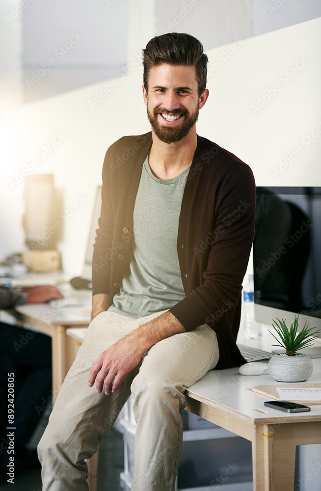 Poster design , businessman and portrait in office for ui project, creativity and working at computer. web 