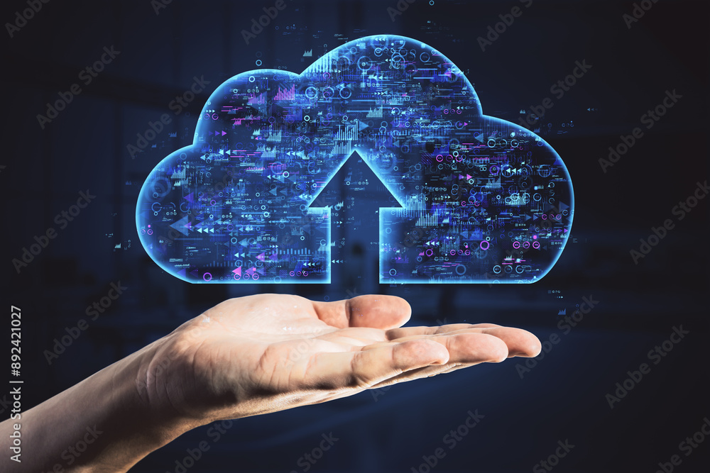 Poster Hand holding a digital cloud icon with data and upload arrow on dark background.