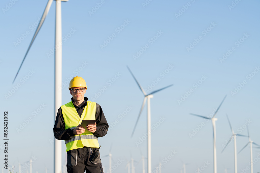 Aufkleber engineer with digital tablet controls wind turbines