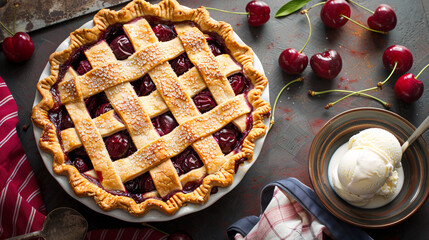Freshly baked cherry pie with lattice crust and ice cream