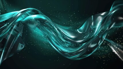 Bright turquoise and silver plexus flowing on a dark background, futuristic and tech-oriented with text space